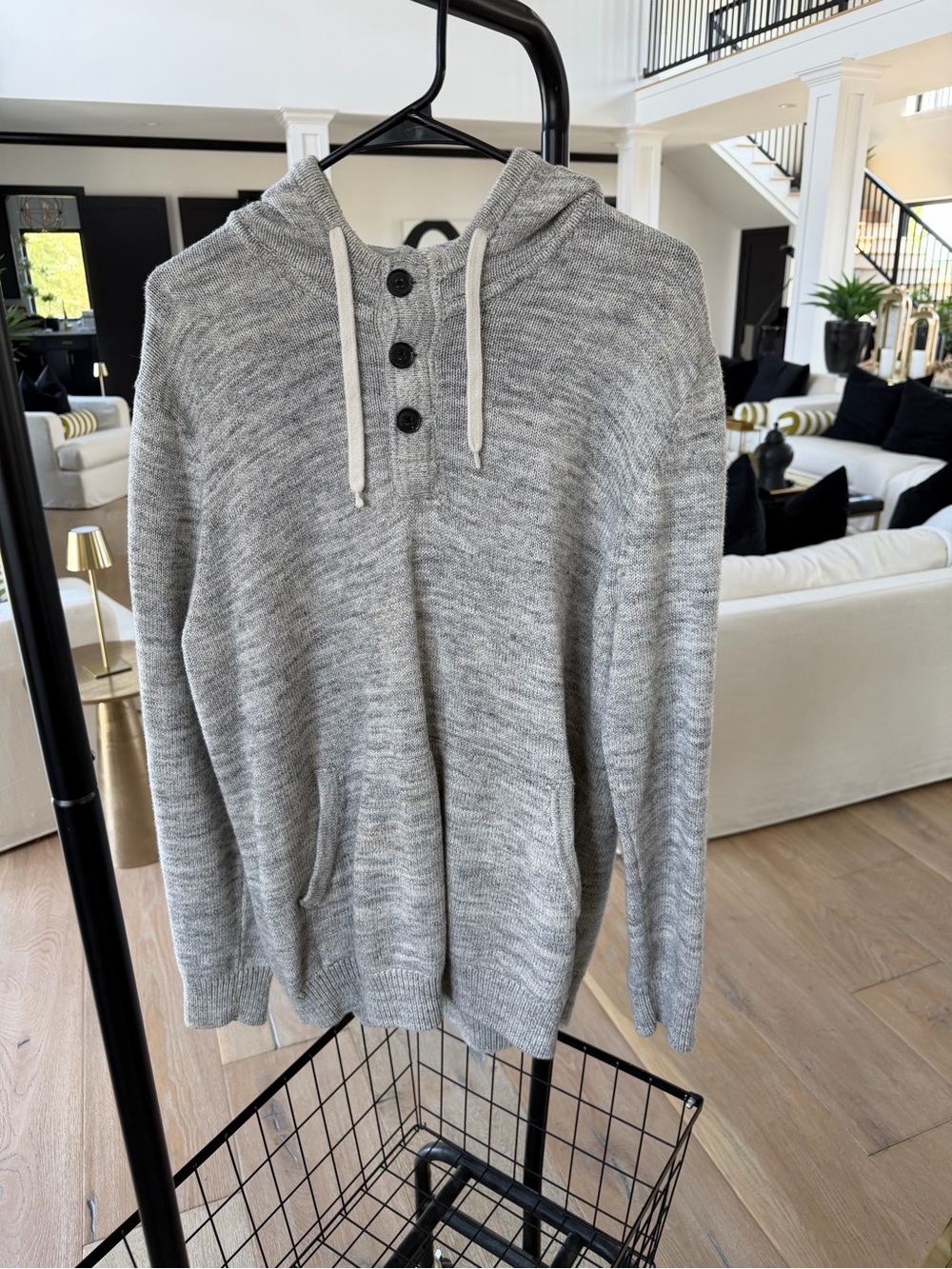 H&M Light Gray Knit Hooded Sweater with Button Placket